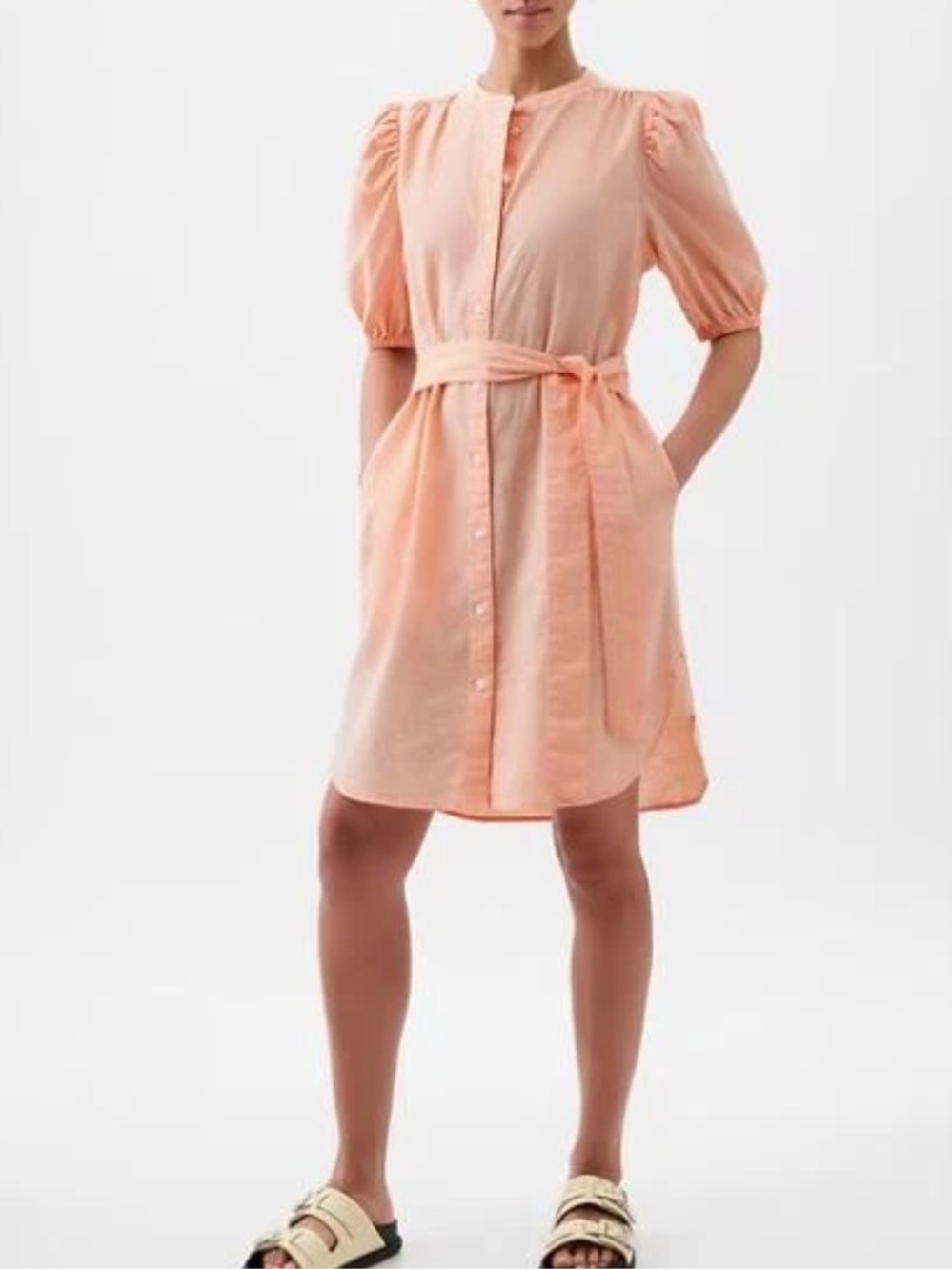 Gap Women Linen Cotton Mini Shirt Dress S Linen Cotton Belted Puff Sleeve - Picture 1 of 9